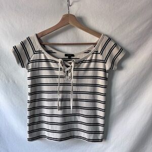 Massimo Dutti Striped Lace Up Knit Top Ivory Black Size M